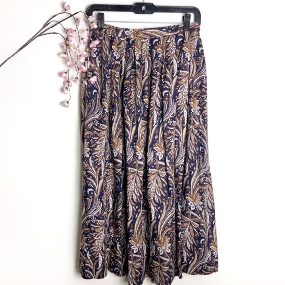 Vintage Dresses & Skirts - Vintage Blue & Brown Paisley Flowy Zipper Midi Skirt